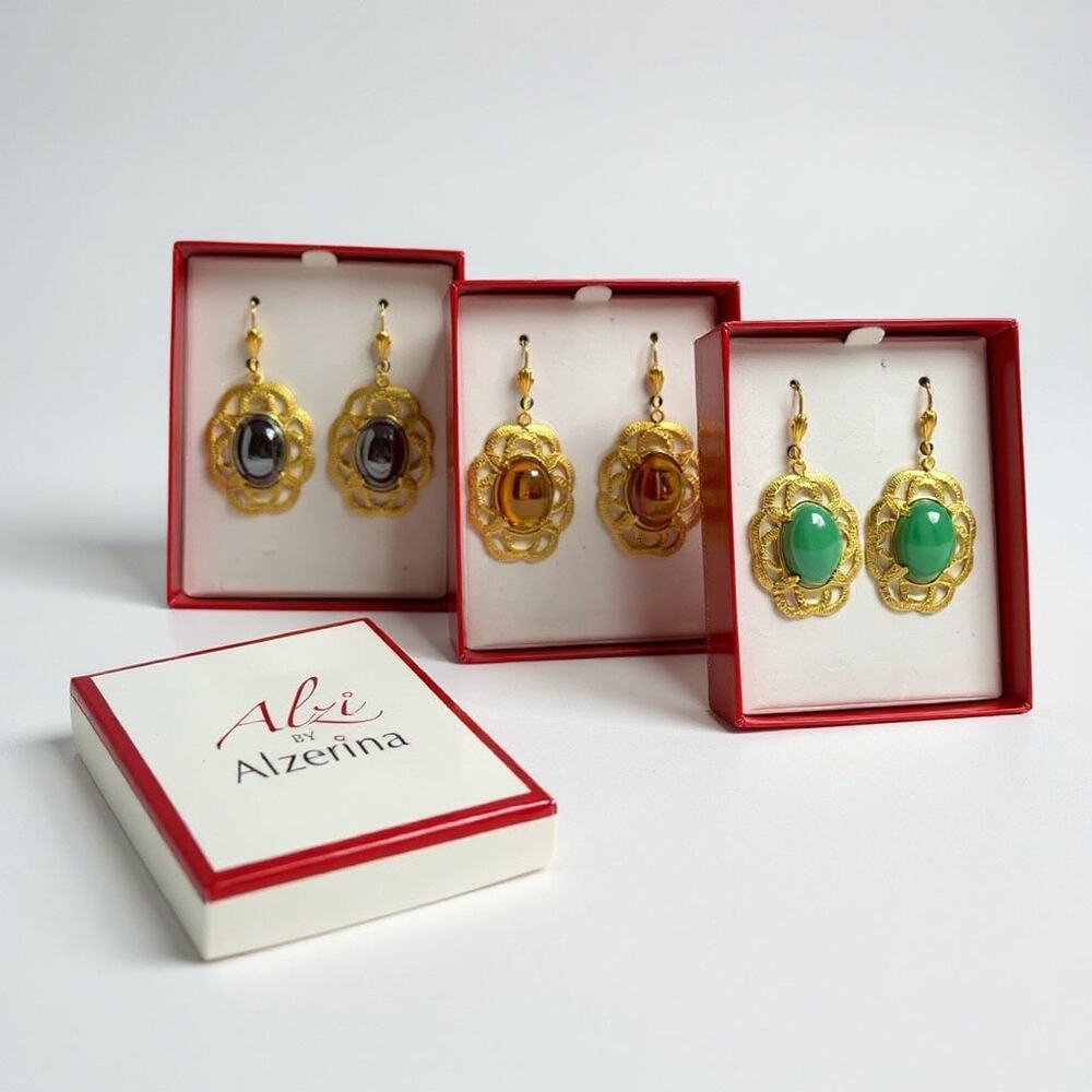 Alzi by Alzerina Magnolia Earrings Trio Jet Hematite Topaz Jade 24kt Gold